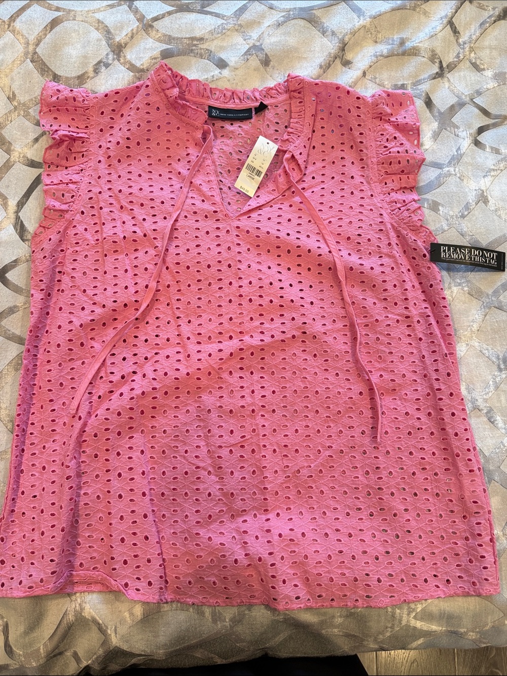 New York & Company Pink Eyelet Tie-Neck Ruffle Sleeve Blouse